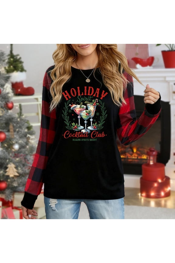 Women's Christmas Long Sleeve Top, Plaid Sleeve "Holiday Spirit Cocktail Club" Festive Drinks Graphic Sweatshirt