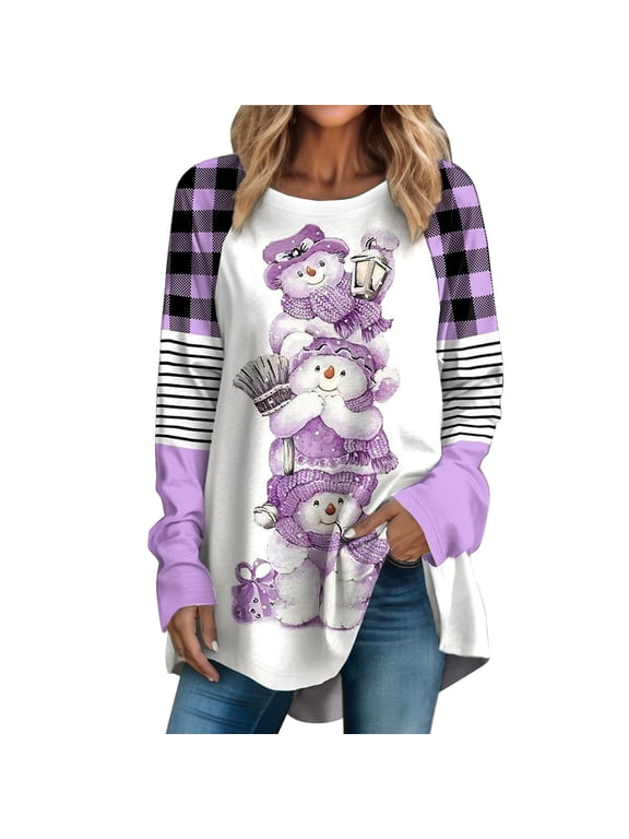 Women's Christmas Long Sleeve Tops Tshirts Printed Plus Size Tunic Crew Neck Comfy Elastic Santa Xmas Tees Blouses