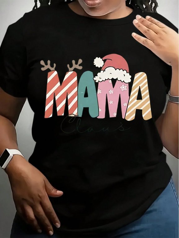 Women's Christmas MAMA Claus Graphic T-Shirt - Short Sleeve Crew Neck Casual Top With Santa Hat & Reindeer Antlers, Machine Washable Holiday Party Tee For Summer & Spring, Christmas Shirts, Fes