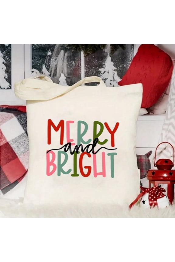 Women's Christmas "MERRY & BRIGHT" Printed Tote Bag - Festive Red Green Pink Holiday Design, Durable Machine-Washable Casual Handbag for Shopping, Beach & Daily Use, Seasonal Style, Sturdy Constructi