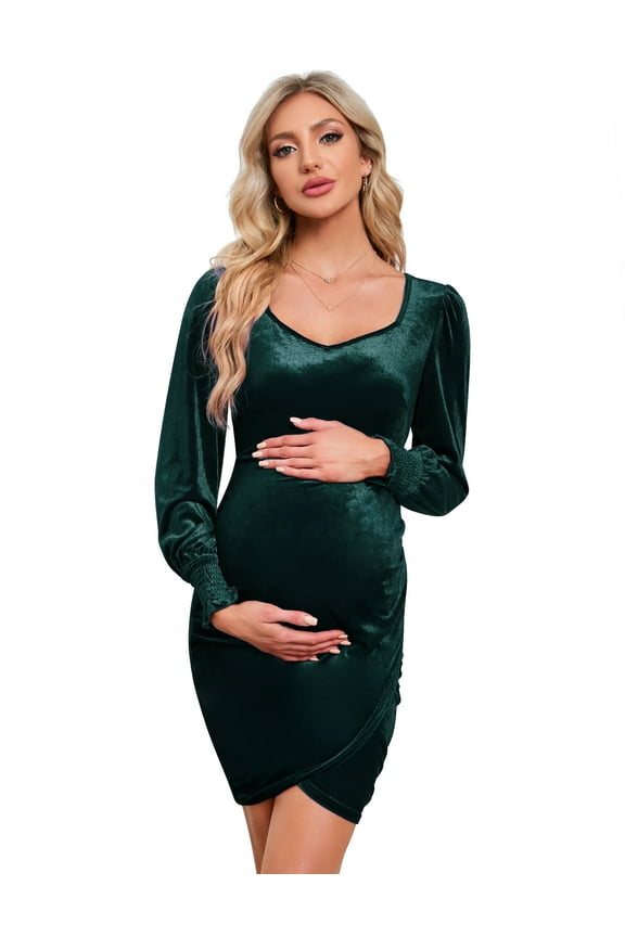 Women's Christmas Maternity Velvet Dresses Long Sleeve Sweetheart Ruched Wrap Split Cocktail Dresses Photoshoot Baby Shower