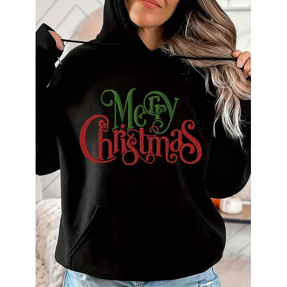 Women's Christmas Merry Christmas Red & Green Lettering Kangaroo Pocket Pullover Hoodie
