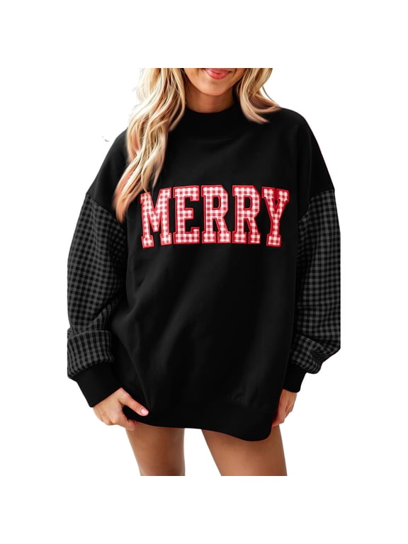 Women's Christmas Merry Sweatshirt, Plaid Long Sleeve Mock Neck Pullover Top for Holiday Casual Wear
