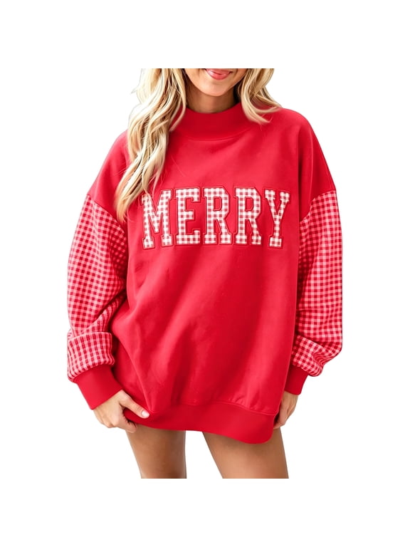 Women's Christmas Merry Sweatshirt, Plaid Long Sleeve Mock Neck Pullover Top for Holiday Casual Wear