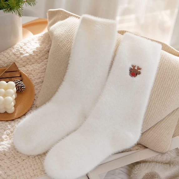 Women's Christmas Mid Calf Socks Fuzzy Plush Lined Thick Warm Winter Floor Socks Non Slip Cozy Crew Sleeping Socks for Indoor Home Lounge