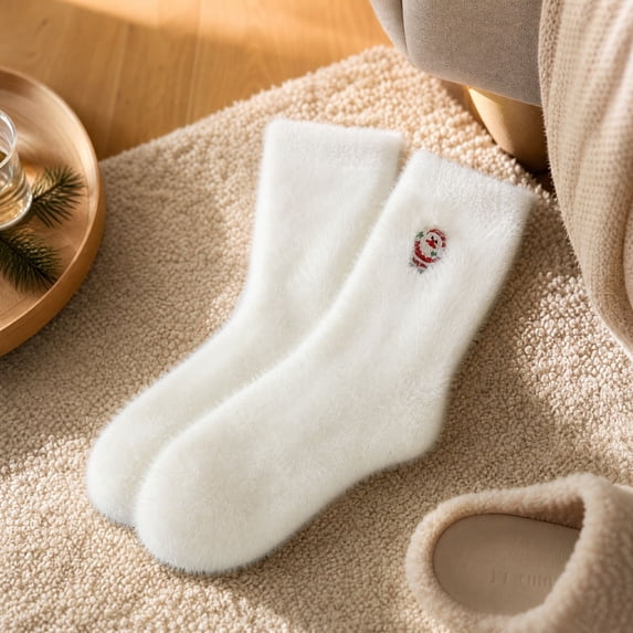 Women's Christmas Mid Calf Socks Fuzzy Plush Lined Thick Warm Winter Floor Socks Non Slip Cozy Crew Sleeping Socks for Indoor Home Lounge