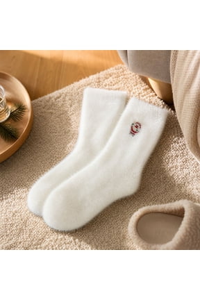 Women's Christmas Mid Calf Socks Fuzzy Plush Lined Thick Warm Winter Floor Socks Non Slip Cozy Crew Sleeping Socks for Indoor Home Lounge