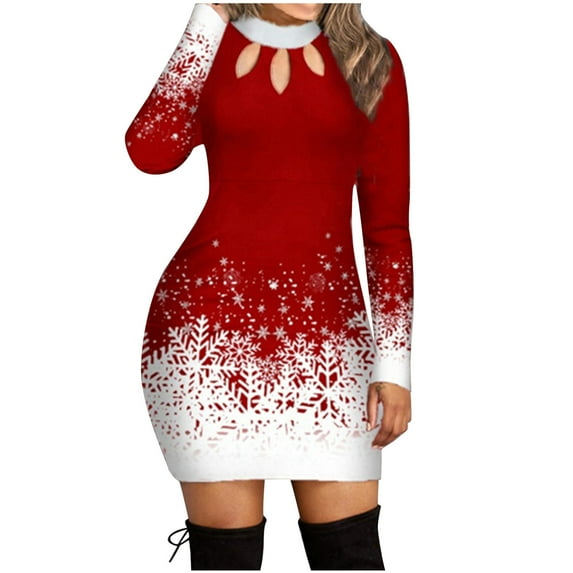 Women's Christmas Mini Dresses Printed Round Neck Cutout Long Sleeve Casual Slim Fit Holiday Short Drerss