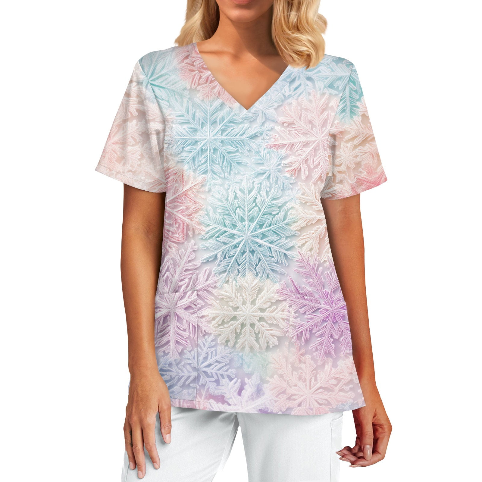 Women's Christmas Nurse Uniforms Snowflake Print Scrub Tops Short