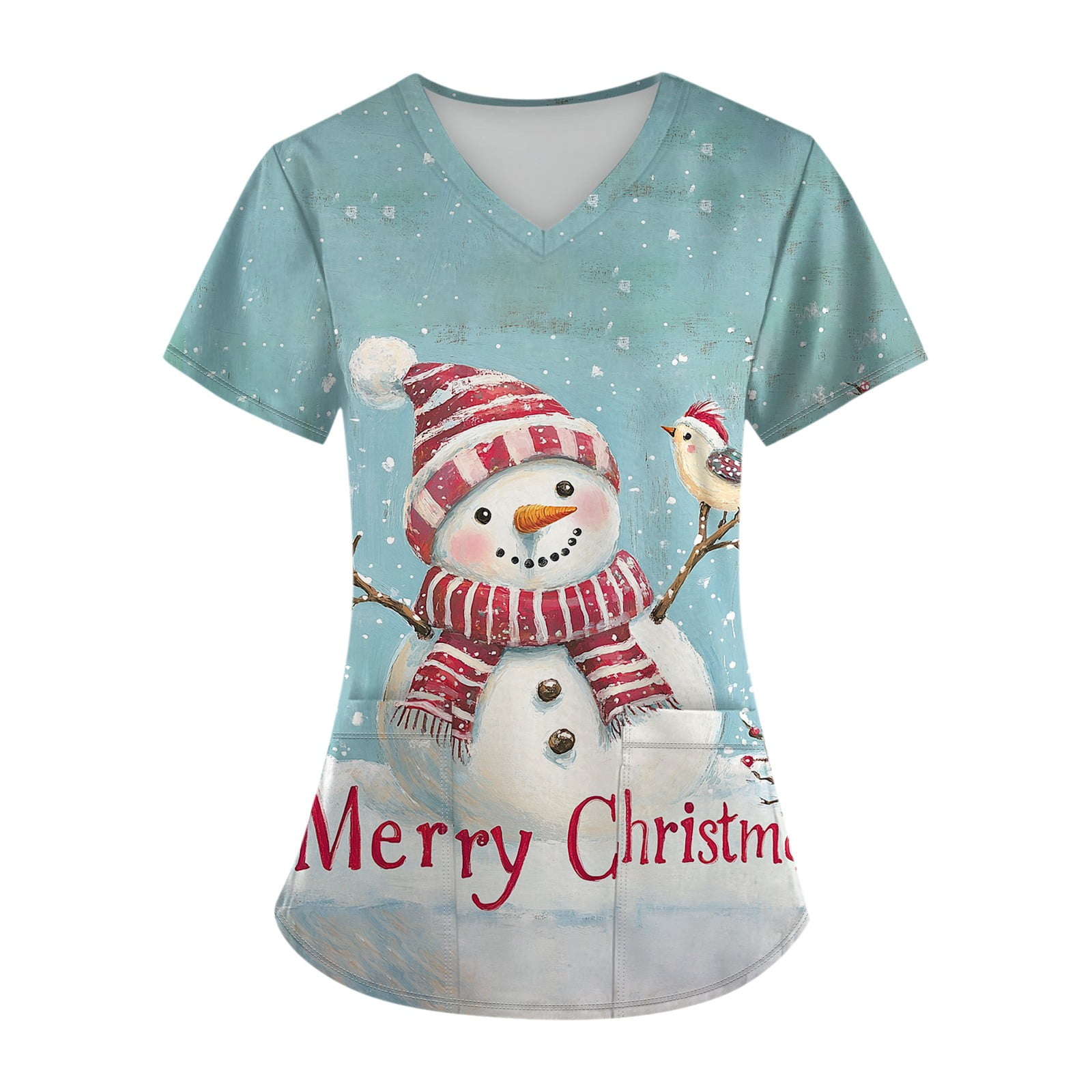 Women's Christmas Nurse Uniforms Snowflake Print Xmas Shirts Short