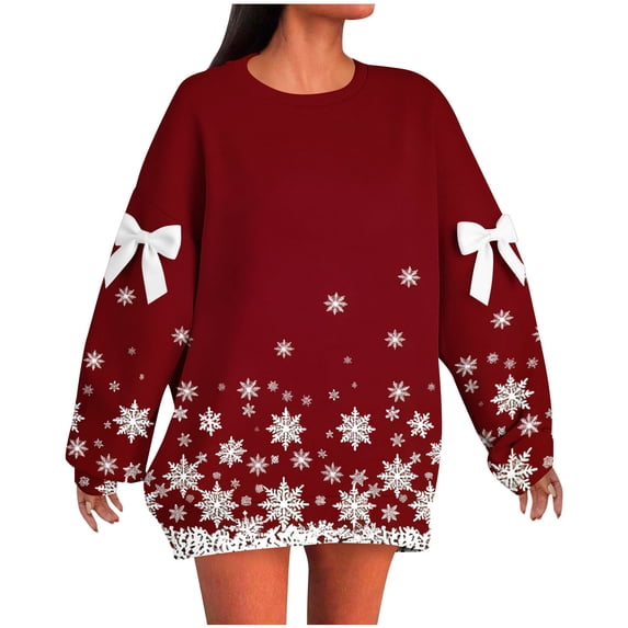 Women's Christmas Oversized Sweatshirt - Bow Accent Snowflake Star Pocket Hoodie, Festive Drawstring Pullover for Holiday Parties/Daily Wear