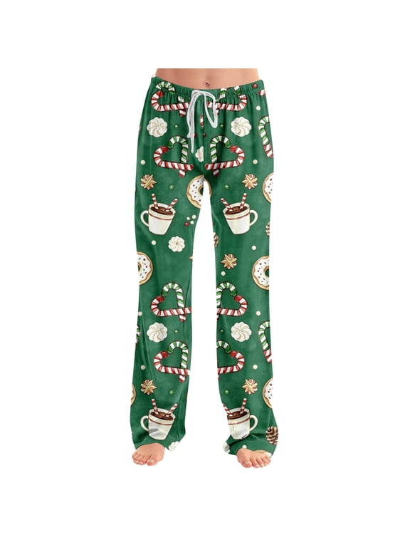 Women's Christmas Pajama Pants, Gift Box Stocking Candy Cane Print Wide Leg Sleep Pants, Elastic Drawstring Loungewear for Holiday Casual Wear
