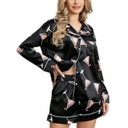 LOLIUICCA Women's Christmas Pajama Set Candy Cane Print Long Sleeves Shirt and Elastic Shorts for Soft Fall Sleepwear Outfits