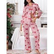 MILDSOWN Women’s Christmas Pajama Set Long Sleeve Bow Stripes Print Button Up Shirt + Pants Set Y2K Xams Pjs Loungewear