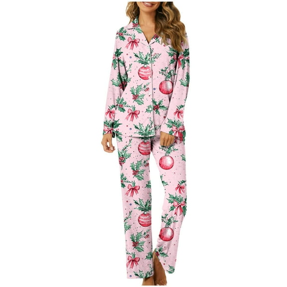 Women’s Christmas Pajama Set Two Piece Long Sleeve Button Up Top and Full Length Pants with Funny Xmas Print Cozy Holiday Sleepwear for Family Matching and Festive Lounging