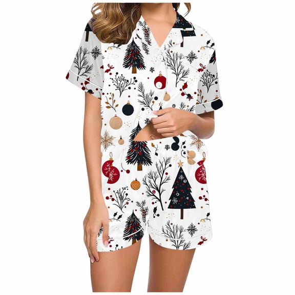 Women's Christmas Pajamas 2Pacs Christmas Elements Pink Womens Pj Sets Casual Short Sleeve Sleepwear Xmas Graphic Pjs Shorts with Pockets