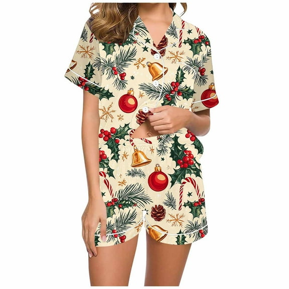 Women's Christmas Pajamas 2Pacs Christmas Elements Pink Womens Pj Sets Casual Short Sleeve Sleepwear Xmas Graphic Pjs Shorts with Pockets