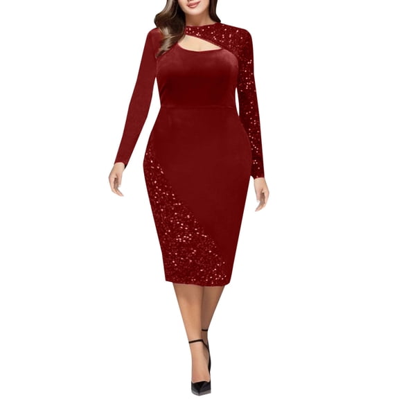 Women’s Christmas Party Dress, Round Neck Sequin Stitching Long Sleeve Bodycon Dress, Chic Holiday Outfit for Winter Events