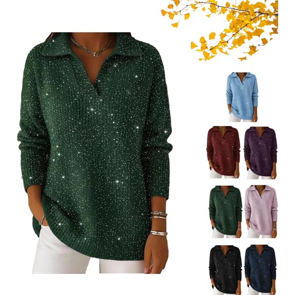 Women's Christmas Party Polo Collar Shiny Loose Sweater Top, V Neck Long-Sleeved Sweaters, Casual Loose Sparkly Sweaters