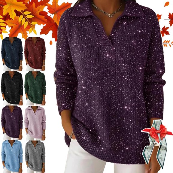 Women's Christmas Party Polo Collar Shiny Loose Sweater Top - Women's Loose V Neck Long-Sleeved Sparkly Sweater