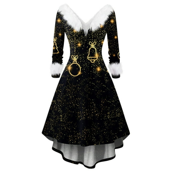 Women's Christmas Party Printed Vintage Midi Casual Cocktail Festive Dress for Holiday Celebration and Party Events with Retro Style,Black,3XL