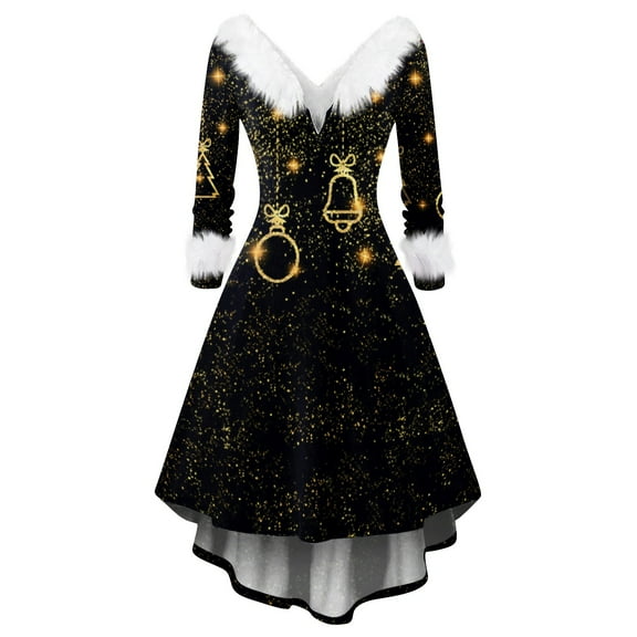 Women's Christmas Party Printed Vintage Midi Casual Cocktail Festive Dress for Holiday Celebration and Party Events with Retro Style,Black,L