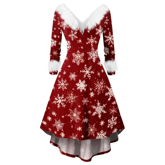 Women's Christmas Party Printed Vintage Midi Casual Cocktail Festive Dress for Holiday Celebration and Party Events with Retro Style,Wine,XL