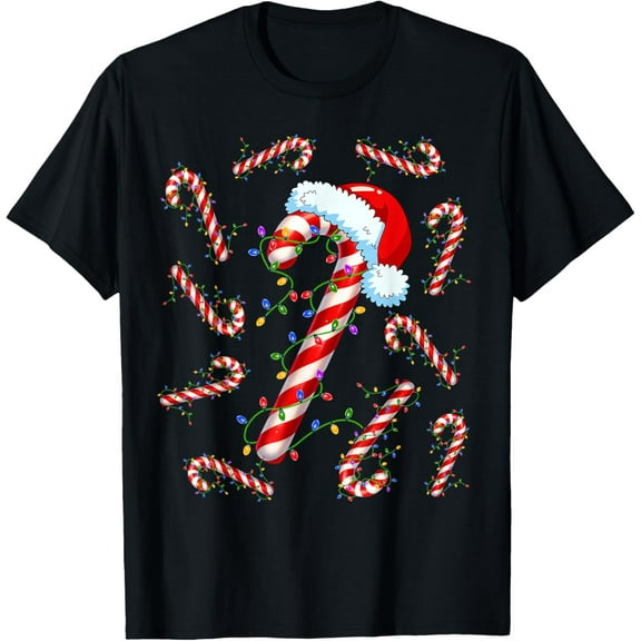 Women’s Christmas Party T-Shirt Candy Cane and Lights Print Casual Holiday Tee