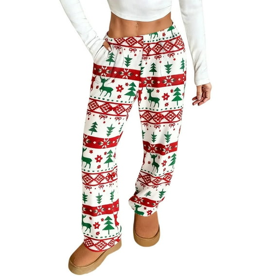 Women's Christmas Pattern Plush Sleep Pants with Soft Elastic Waist and 2 Pockets, Comfortable Pajama Bottoms for Home and Nightwear,Hot Pink,2XL