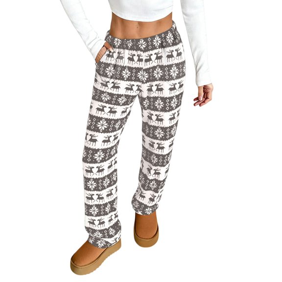 Women's Christmas Pattern Plush Sleep Pants with Soft Elastic Waist and 2 Pockets, Comfortable Pajama Bottoms for Home and Nightwear,Light Gray,S