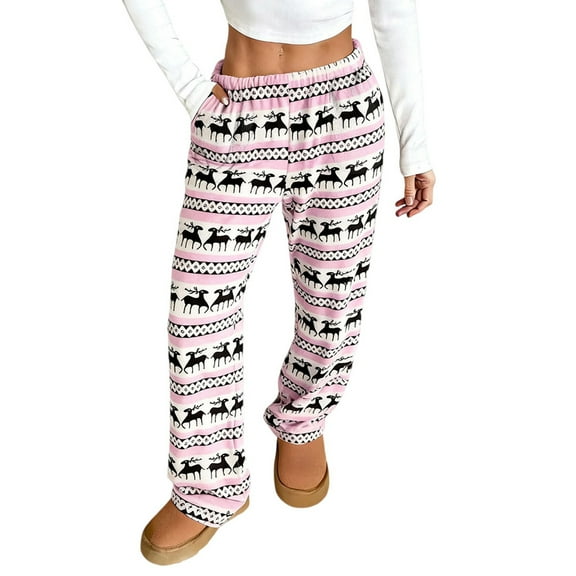 Women's Christmas Pattern Plush Sleep Pants with Soft Elastic Waist and 2 Pockets, Comfortable Pajama Bottoms for Home and Nightwear,Light pink,2XL
