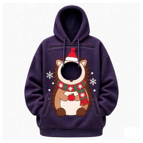 Women's Christmas Pet Pouch Hoodie Oversized Cat Dog Snack Carrier with Zippered Kangaroo Pocket Soft Comfy Holiday Sweatshirt for Small Pets