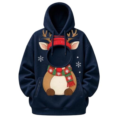 Women's Christmas Pet Pouch Hoodie Oversized Cat Dog Snack Carrier with Zippered Kangaroo Pocket Soft Comfy Holiday Sweatshirt for Small Pets