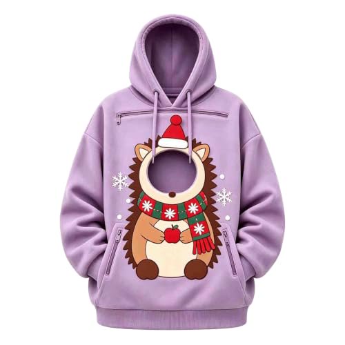 Women's Christmas Pet Pouch Hoodie Zippered Kangaroo Pocket Soft Comfy Holiday Sweatshirt for Small Pets