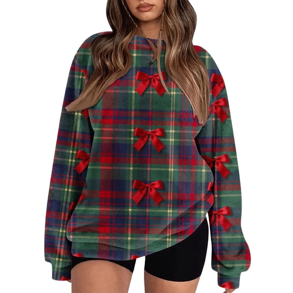 Women's Christmas Plaid Bow Print Crew Neck Pullover Fall Winter Fashion Long Sleeve Sweatshirt Loose Fit Casual Tops for Street Wear