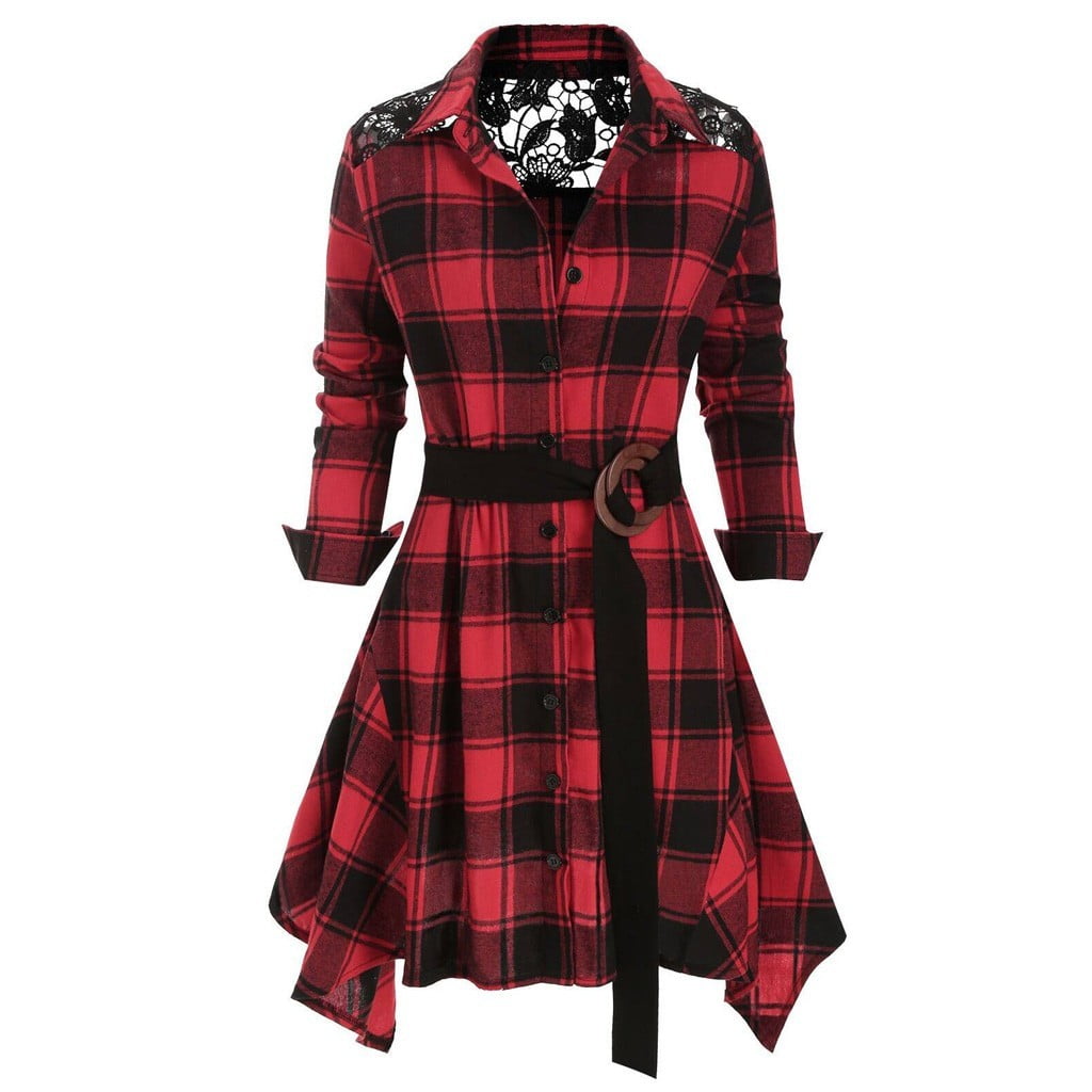 Qolati Women's Christmas Plaid Dress Casual Long Sleeve Button Down Checker Shirt Midi Dresses 2023 Fashion Irregular Hem Pleated Flowy Party Prom