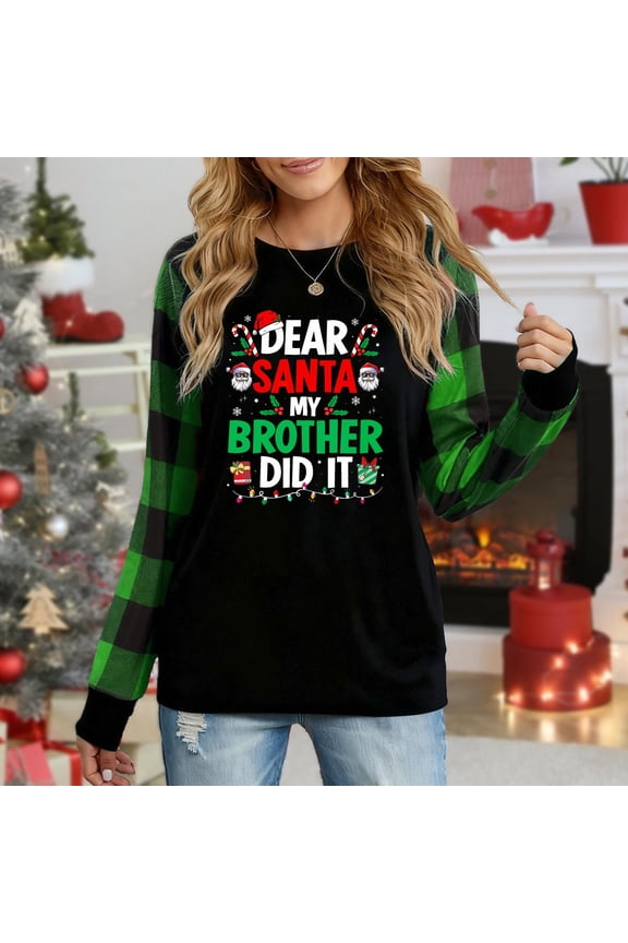 Women's Christmas Plaid Long Sleeve Top, "Dear Santa My Brother Did It" Humorous Festive Graphic Casual Shirt