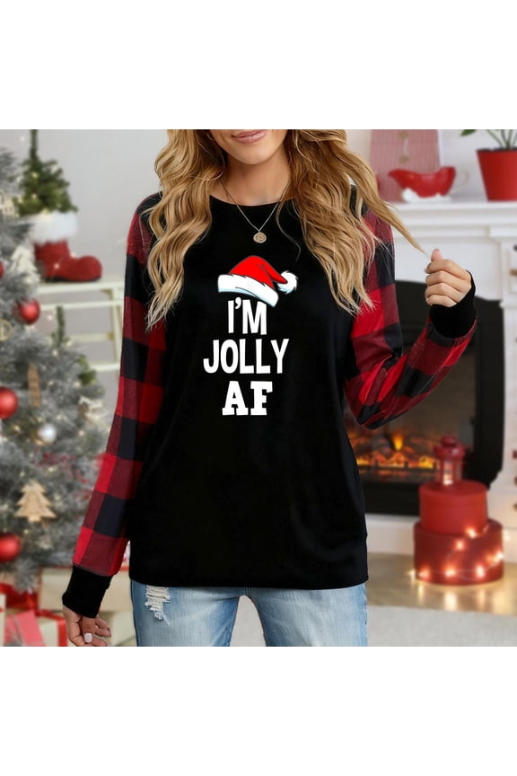 Women's Christmas Plaid Long Sleeve Top, "I'm Jolly AF Santa Hat Festive Graphic" Casual Shirt
