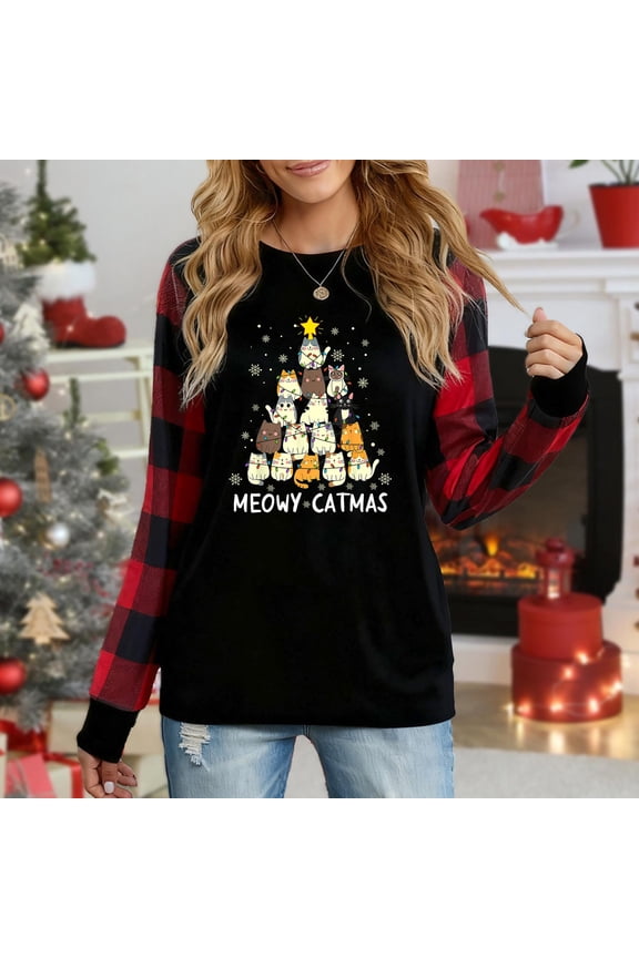 Women's Christmas Plaid Long Sleeve Top, "Meowy Catmas Cute Cat Christmas Tree Festive Graphic" Casual Shirt