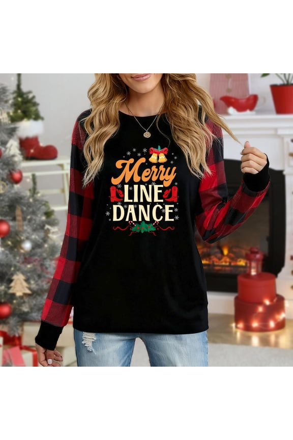 Women's Christmas Plaid Long Sleeve Top, "Merry Line Dance Cowboy Boots Festive Graphic" Casual Shirt