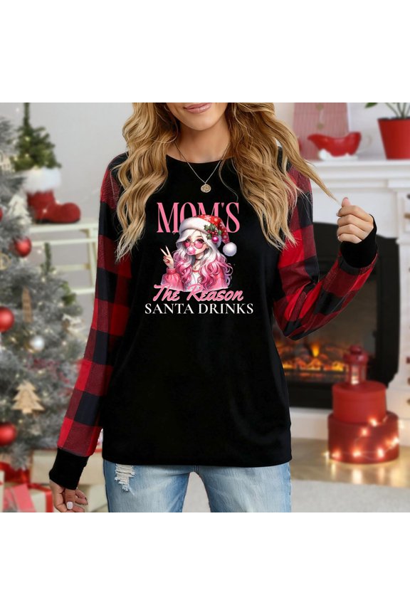 Women's Christmas Plaid Long Sleeve Top, "Mom's The Reason Santa Drinks Festive Graphic" Casual Shirt