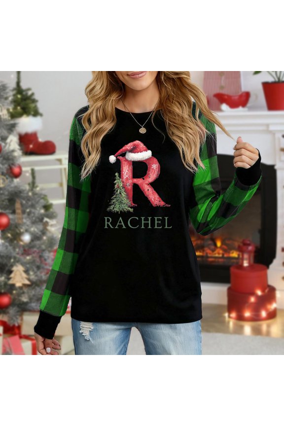Women's Christmas Plaid Long Sleeve Top, "Personalized Letter R Rachel Santa Hat & Tree Festive Graphic" Casual Shirt