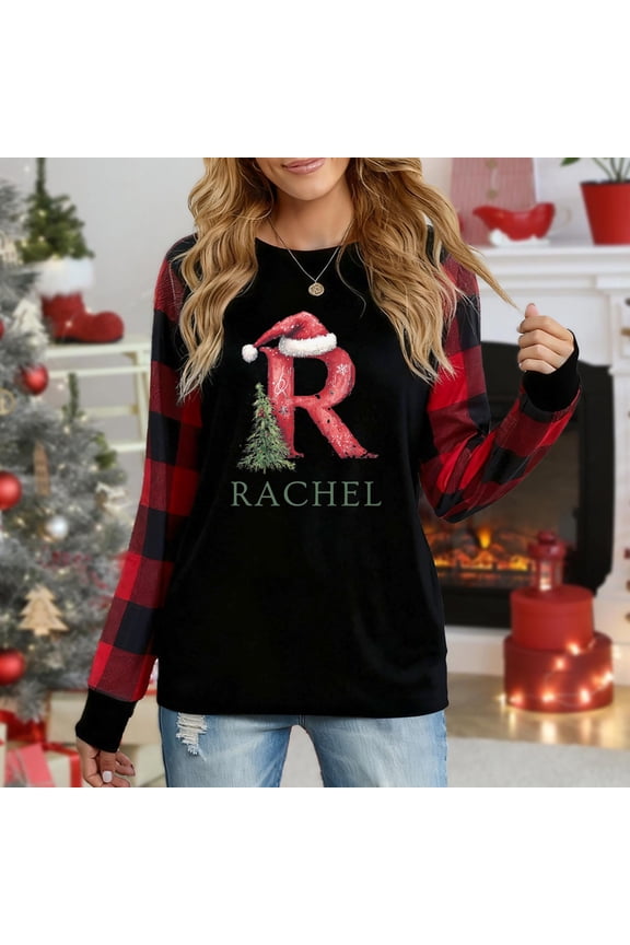 Women's Christmas Plaid Long Sleeve Top, "Personalized Letter R Rachel Santa Hat & Tree Festive Graphic" Casual Shirt