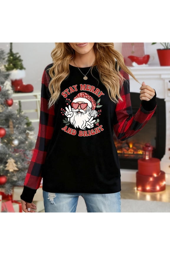 Women's Christmas Plaid Long Sleeve Top, "Stay Merry And Bright Groovy Santa" Festive Graphic Casual Shirt