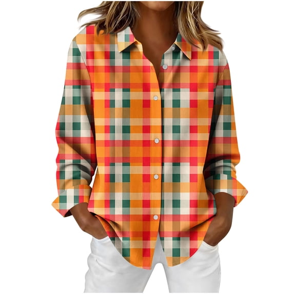 Women's Christmas Plaid Shirt Long Sleeve Lapel Collar Button Down Cardigan Top Multicolor-4 M