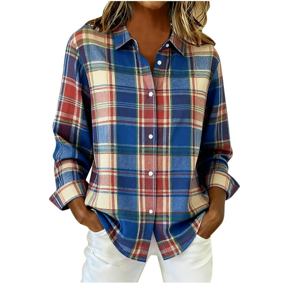 Women's Christmas Plaid Shirt Tops Button Down Top Lightweight Holiday Festival Outfits Long Sleeve Plaid Jackets