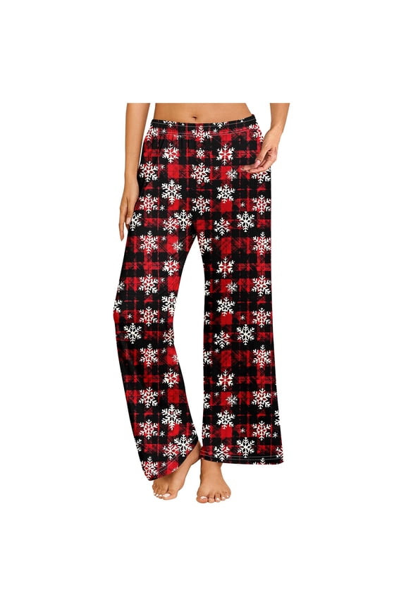 Women's Christmas Plaid Sleep Pants Cozy Wide Leg Holiday Lounge Pants with Snowflake Print Pjs Bottoms S-5XL