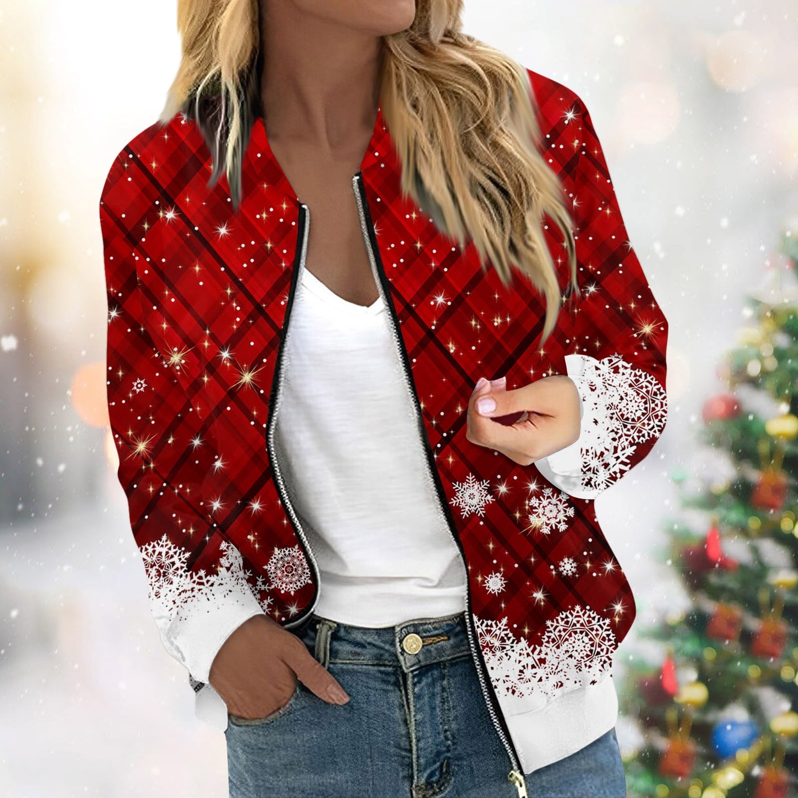 Women's Christmas Plaid Snowflake Print Zip Up Jacket Holiday