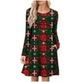 thumbnail image 1 of Women's Christmas Pleated Dress Long Sleeve Crewneck Printed Skirt with Pockets Red-3 L, 1 of 6