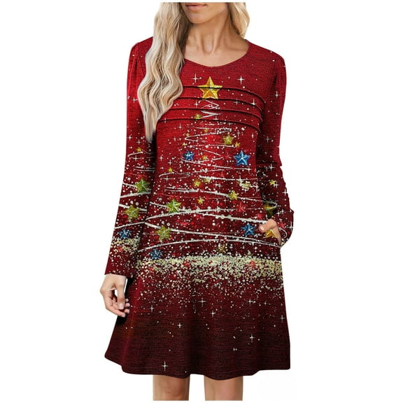 Women's Christmas Pleated Dress Long Sleeve Crewneck Printed Skirt with Pockets Red S